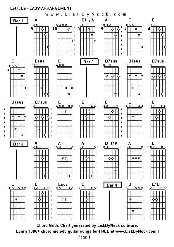 Chord Grids Chart of chord melody fingerstyle guitar song-Let It Be - EASY ARRANGEMENT,generated by LickByNeck software.